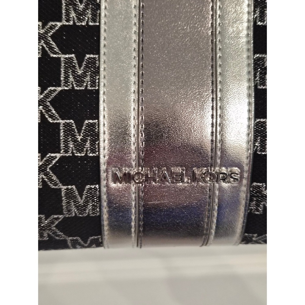 Michael Kors Large Tote Bag Black Silver MK Logo Jacquard Metallic Stripe - Picture 3 of 12